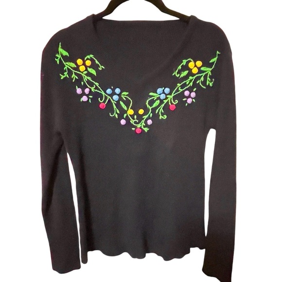 VINTAGE 70S V-NECK SWEATER NAVY BLUE 3D POMPOM FLORAL FLOWERS MULTI-COLOR XS/S - Picture 2 of 14